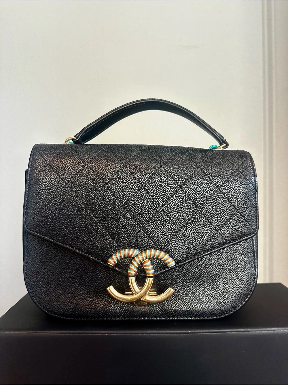 Chanel Black Quilted Caviar Leather “Paris-Cuba” Thread Around Flap Bag